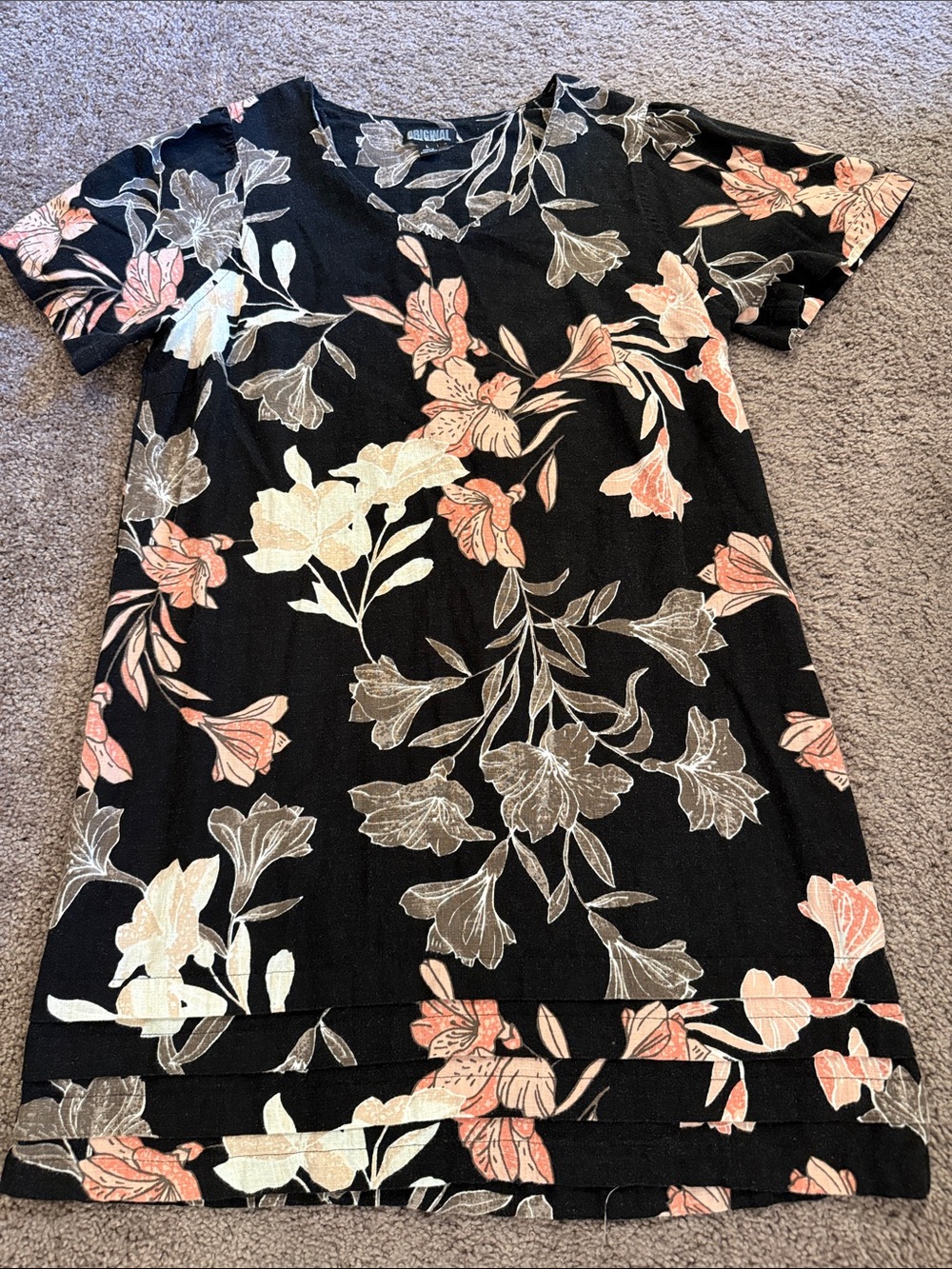 Nicole Miller Black Floral Mini Dress with Peach & Cream Blooms